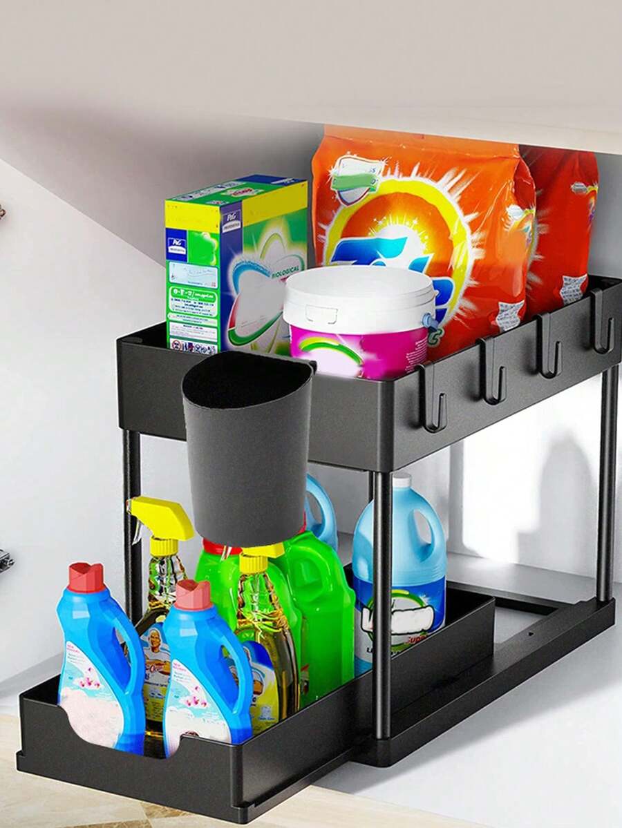 1pc Double Layer Under Sink Storage Rack, ABS With Sliding Drawer Black Pull-Out Storage Rack, Suitable For Kitchen, Bathroom, Laundry Room And Vanity Cabinet, Under Sink Storage Rack Double Layer Sliding Cart For Cleaning Supplies, Toiletries, Detergents And Small Tools, Under Sink Storage Rack Can Maximize Small Cabinet Space Black Kitchen Storage Rack, No Tools Required Easy Installation Suitable For Any Home, Apartment - Black - View 1