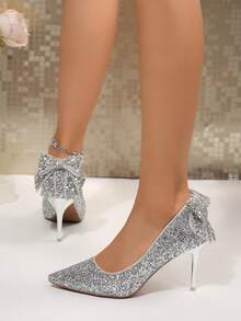 Glitter Silver Bow New Chinese Style Fabric Glitter 2026 Fashion High Heel Pumps Outdoor All Seasons - Silver - View 8