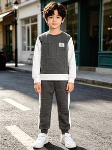 Boys' Fashion Colorblock Embossed Letter Design Crew Neck Sweatshirt And Jogger Pants 2 Pieces Set, Spring/Autumn - Grey - View 1