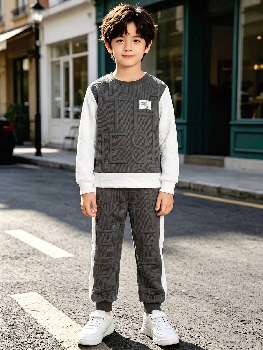 Boys' Fashion Colorblock Embossed Letter Design Crew Neck Sweatshirt And Jogger Pants 2 Pieces Set, Spring/Autumn - Grey - View 1