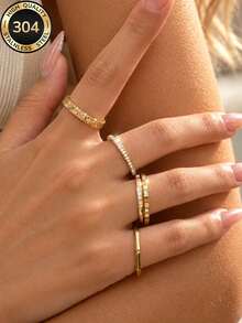 5pcs/Set 18k Gold Plated Women's Minimalist Luxury Stackable Rings, Durable For Daily Wear, Halloween/Christmas Holiday Gift - Gold - View 2