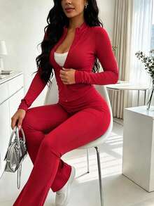 Setelan 2 Potong Wanita Terlaris Musim Semi/Gugur, Jaket Resleting Slim Fit Warna Polos & Celana Panjang, Kain Poliester Ringan untuk Kebugaran dan Yoga - Merah 59 - View 8
