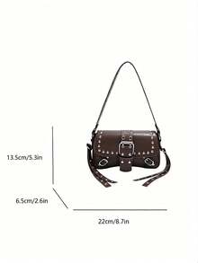 Vintage Punk Silver Rivet & Multi Buckle Saddle Crossbody Bag, Wide Eyelet Strap Faux Leather Motorcycle Shoulder Purse, Y2K Streetwear Small Handbag - Brown - View 6