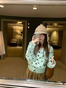 Polka Dot V-Neck Knit Cardigan Slimming Women's Autumn Short Sweater - Green - View 7