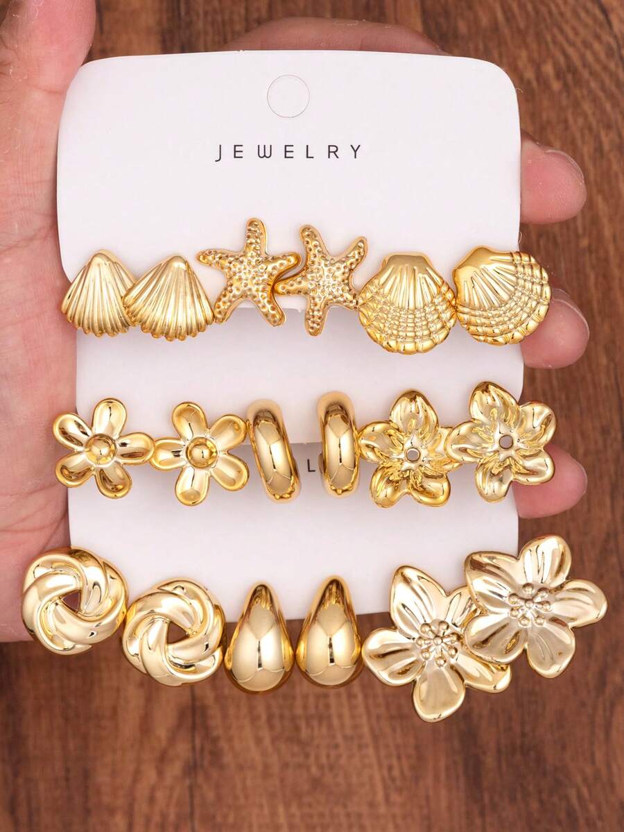 6/18pcs Luxury Gentle Style Earrings, Multiple Series Earrings Set, Perfect For Daily And Holiday Wear, Women's Earrings Set, Made Of ABS Resin Material With Non-Fading UV Gold Plating - Gold - View 1