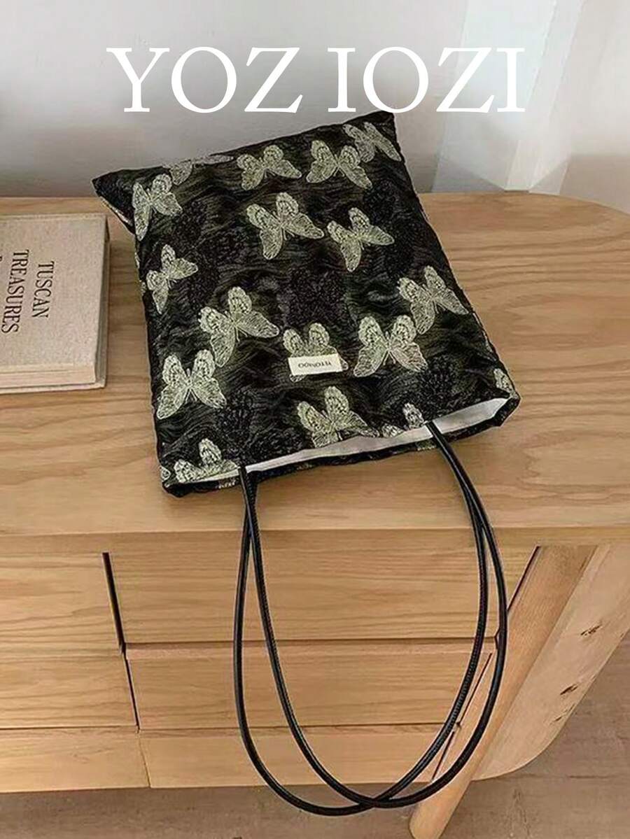 返校季復古波點愛心帆布托特包,大容量拼色百搭手提包、單肩包、腋下包,適合大學生校園使用 - 黑色 - 查看 1