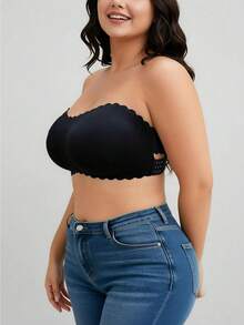 Plus Size Strapless Bandeau Bra With Wavy Edge, Seamless Anti-Slip Push-Up Bustier - Black - View 4