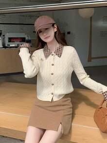 Women's 2-In-1 Knit Cardigan Sweater, Spring Outfit, Colorblock Plaid Polo Collar, Preppy Style Top - Apricot - View 10