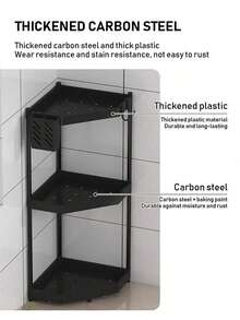 1pc Rust-Proof Triangle Bathroom Shelf, 2/3 Tier Bathroom Storage Rack, Shampoo Organizer, Bathroom Shelf, Kitchen Storage Rack, With Hooks For Hanging Bath Balls, Ding Shelf, Bathroom Accessories, Bathroom Storage, Bathroom Supplies - Black - View 11