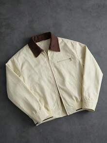 Vintage Colorblock Collar Short Jacket Men's American Style Contrast Lapel Zip-Up Silhouette Workwear Coat Spring Autumn - Light Yellow - View 7