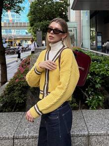 Women's Striped Long Sleeve Single-Breasted Casual Knit Cardigan - Apricot - View 4