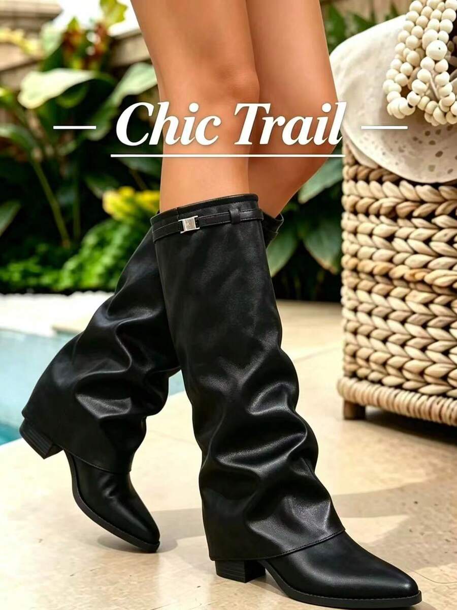 Solid Color Pointed Toe High Heel Slip-On Buckle Women's High Heel Boots, Suitable For Shopping, Party, Date, Home, Commute, Fashion Casual Women's High Heel Boots