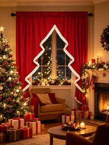 1PC American Christmas Hollow Christmas Tree Coffee Curtain, Plaid Trim Dark Green Half Curtain, Rod Pocket Style, Kitchen Small Window Holiday Decor Short Valance - Red - View 2