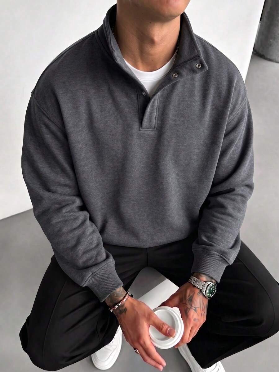 Sweatshirt Pria Model Klasik Kancing Longgar Bahu Jatuh dengan Kerah Model Musim Gugur/Dingin, Cocok untuk Pakaian Sosial Sehari-hari