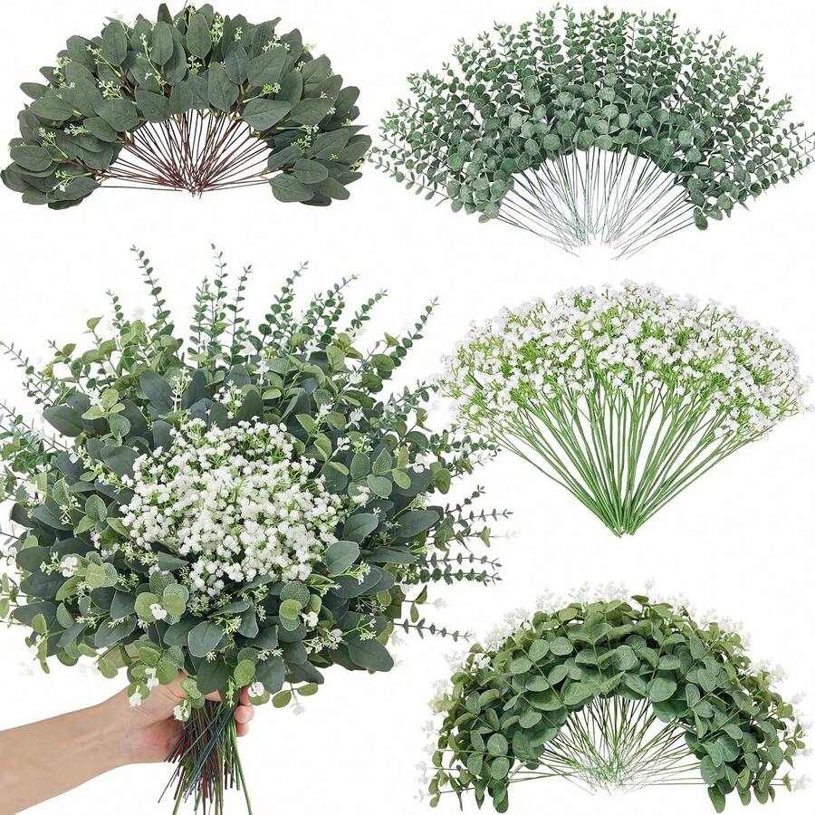 20/60 Stems Artificial Eucalyptus Leaves, Fake Greenery For Wedding Bouquets, Garlands, Vases, Floral Arrangements, Home Bedroom Decor, Garden Decor - Green 1 - View 1