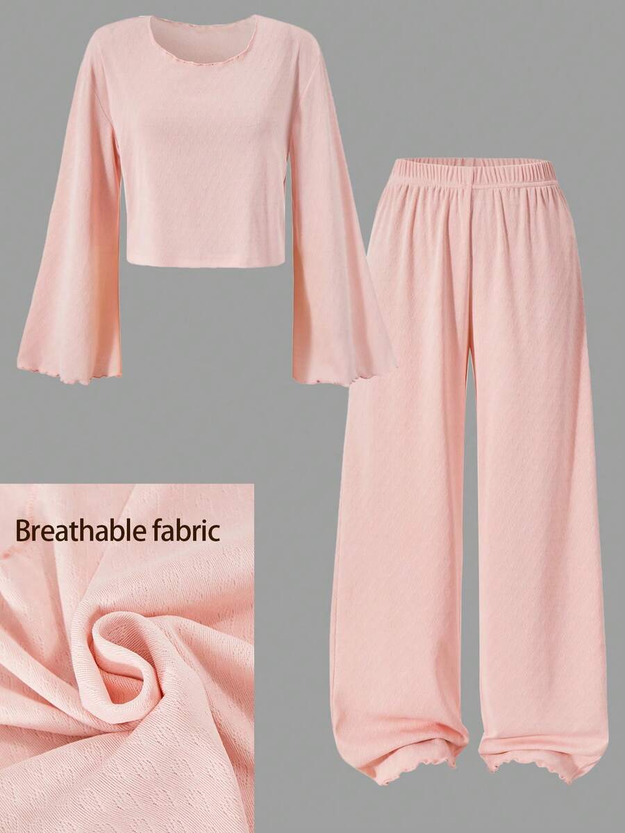 Sweet Girl Style Heart-Shaped Jacquard Micro Hollow Two Pieces Home Outfit, Round Neck Ruffled Flared Sleeve Top Paired With Casual Pants, 3 Seasons - Pink - View 1