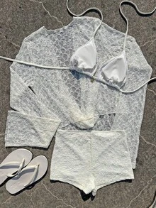 Women's White Lace 3-Piece Set, Perfect For Elegant Beach Vacation Looks - Multicolor - View 3