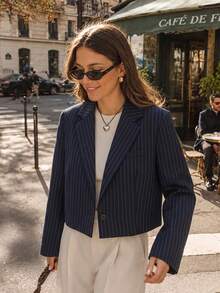 Women Cropped Pinstripe Blazer Elegant Casual Office Short Suit Jacket - Royal Blue - View 2