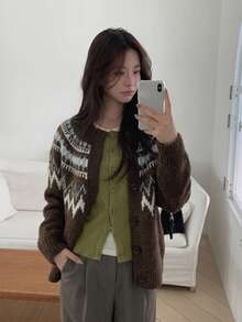 Women's Vintage Fair Isle Pattern Button-Up Cardigan Knit Sweater Long Sleeve Winter Top - Brown - View 2