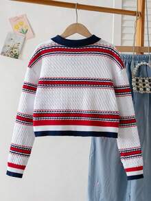 Girls' College Style Colorblock Striped Short Knit Pullover Sweater With Buttons, Suitable For School Casual Wear In Spring, Autumn, Winter - White - View 5