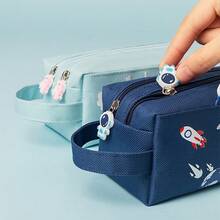 1pc Blue Astronaut Portable Pencil Case, Cute Stationery Bag, Student Supplies Storage Bag, Office Double Layer Large Capacity Canvas Pencil Box, Desktop Organizer, Random Color, Random Packaging - A - View 5