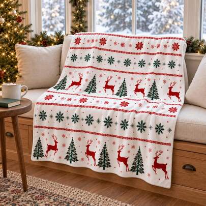 1pc Christmas Blanket, Reindeer And Snowflake Christmas Blanket, Flannel Christmas Blanket, Suitable For Sofa, Brings Comfort And Warmth To Home Christmas Decoration.