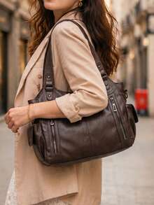 Women's Vintage Tote Bag, Large Capacity Shoulder Handbag, Removable Crossbody Strap Multi Zipper Casual Travel Bag - Coffee - View 8