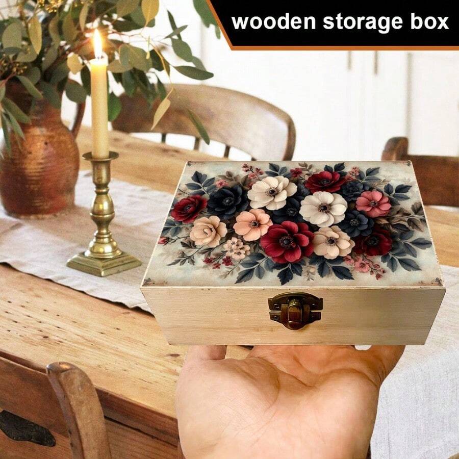 1pc Hand-Painted Wooden Storage Box With Floral Pattern, Vintage Gift Storage Box, Small Jewelry Organizer, Jewelry Collection Keepsake Box, Souvenir Storage, Desktop Organizer, Country Home Decor - Multicolor - View 1
