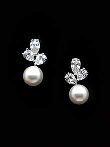 Round Pearl Earrings With Diamonds, Minimalist Style Pearl Studs, Delicate Pearl Earrings, Wedding Accessories, Bridesmaid Gift. - Silver - View 5