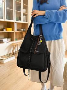 1 túi xách đeo vai nữ dáng xô màu đen bằng nylon, phong cách thường ngày, nhẹ, có dây rút, thiết kế nhiều ngăn, dùng hàng ngày - màu đen - Xem 3