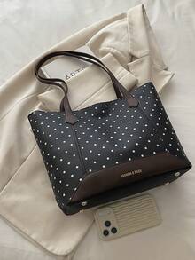 1 buah Tas Tote Patchwork Kapasitas Besar Motif Polkadot Hitam PU untuk Wanita - Hitam - View 4