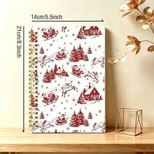 1 pièce Cahier à spirale 14*21cm avec motif vintage de traîneau du Père Noël, journal avec impression de scène de Noël en art linéaire rouge, bloc-notes rétro de vacances d'hiver pour notes quotidiennes - Multicolore - Voir 3