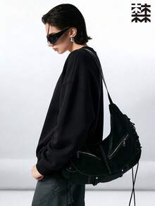 mulinsen Women's Loose Round Neck Sweatshirt, Solid Color Thick Warm Pullover, Long Sleeve Casual Winter Street Style Top - Black - View 2