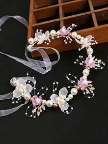 1pc Handmade Pink Flower Pearl Floral Headband, Tulle Floral Crown With Long Ribbon, Elegant Girls Floral Hair Accessory, Suitable For Birthday Party, Photography - Multicolor - View 5