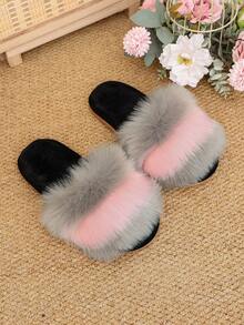 1 Pair Women's Contrast Color Long Plush One-Strap Indoor Comfortable Soft Sole Fuzzy Slippers - Pink - View 6