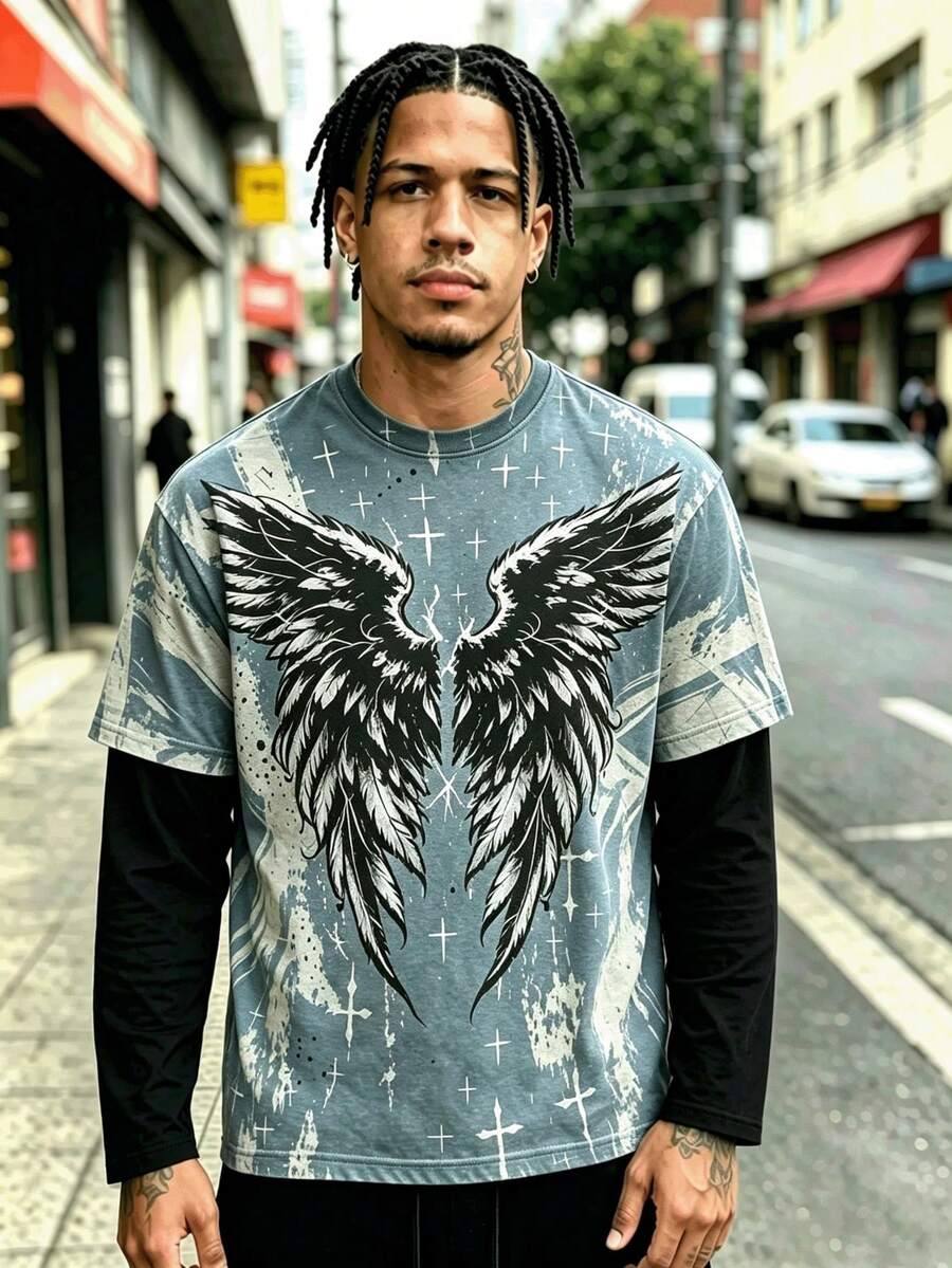 Y2K Dark Aesthetic Men's 2 In 1 T-Shirt, Vintage Angel Portrait & Wings ...