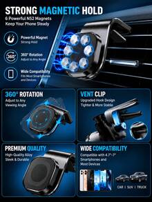 2pcs/1pc Car Air Vent Clip Magnetic Phone Holder, 360° Rotation, Designed For Navigation, Compatible With Multiple Car Models And Phones, Hands-Free Car Phone Mount, Car Accessories, 2026 Road Trip Essential - Clip-on Style - View 3