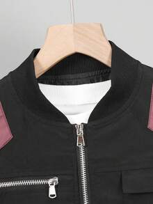 Boys' All-Season Casual Outdoor Vintage Versatile Multi-Pocket Functional Colorblock Stand Collar Workwear Jacket - Black - View 5