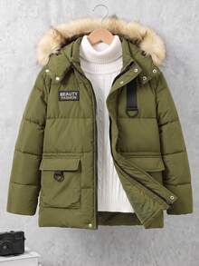 Tween Boy Autumn/Winter Casual Outdoor Versatile Patchwork Webbing D-Ring Buckle Cargo Hooded Big Fur Collar Jacket - Army Green - View 1