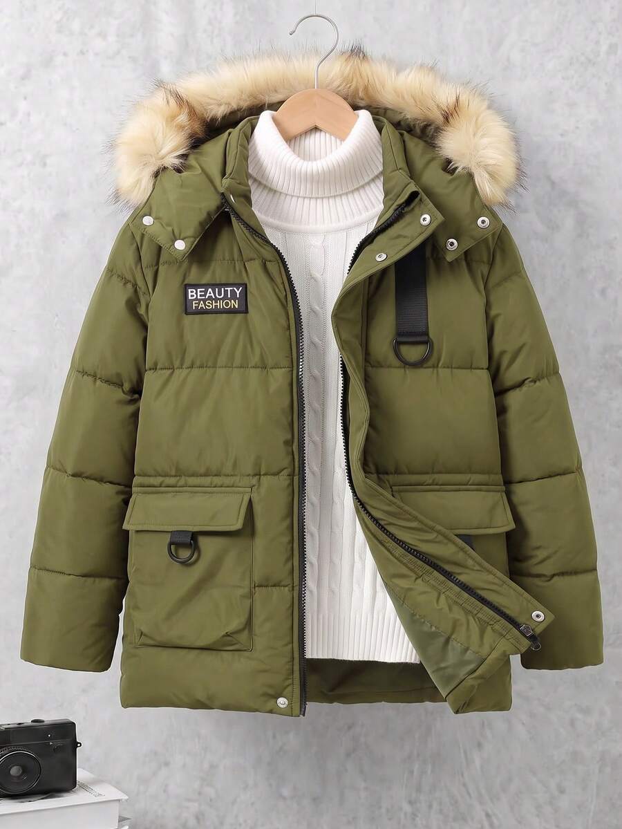 Tween Boy Autumn/Winter Casual Outdoor Versatile Patchwork Webbing D-Ring Buckle Cargo Hooded Big Fur Collar Jacket - Army Green - View 1