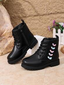 Girls' Boots, Autumn/Winter New Style Black Boots With Colorful Embroidery, Side Zipper, Non-Slip Thick Sole, Children's Ankle Boots - Black - View 1