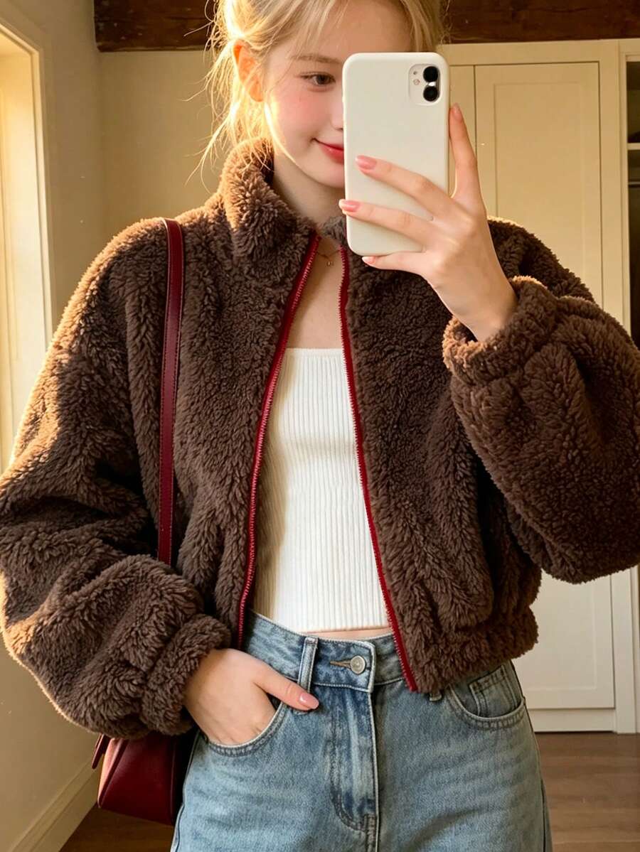 Girl Teddy Fleece Jacket, Brown Plush Sherpa Full-Zip Stand Collar Coat, Soft Cozy Warm Winter Outerwear, Casual Tween Girl Jacket For School & Outdoor Wear - Brown - View 1