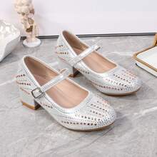 Girls' Fashion Rhinestone Fully Embellished High Heel Pumps, Strap Metal Buckle Design, Princess Style, Suitable For Daily Wear, Parties, Performances, Banquets And Weddings - Silver - View 4