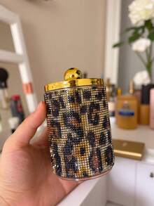 Luxury Leopard Print Acrylic Bathroom Storage Canister, Gold Lid Transparent Storage Box With Bamboo Base, Vanity Organizer - Multicolor - View 9