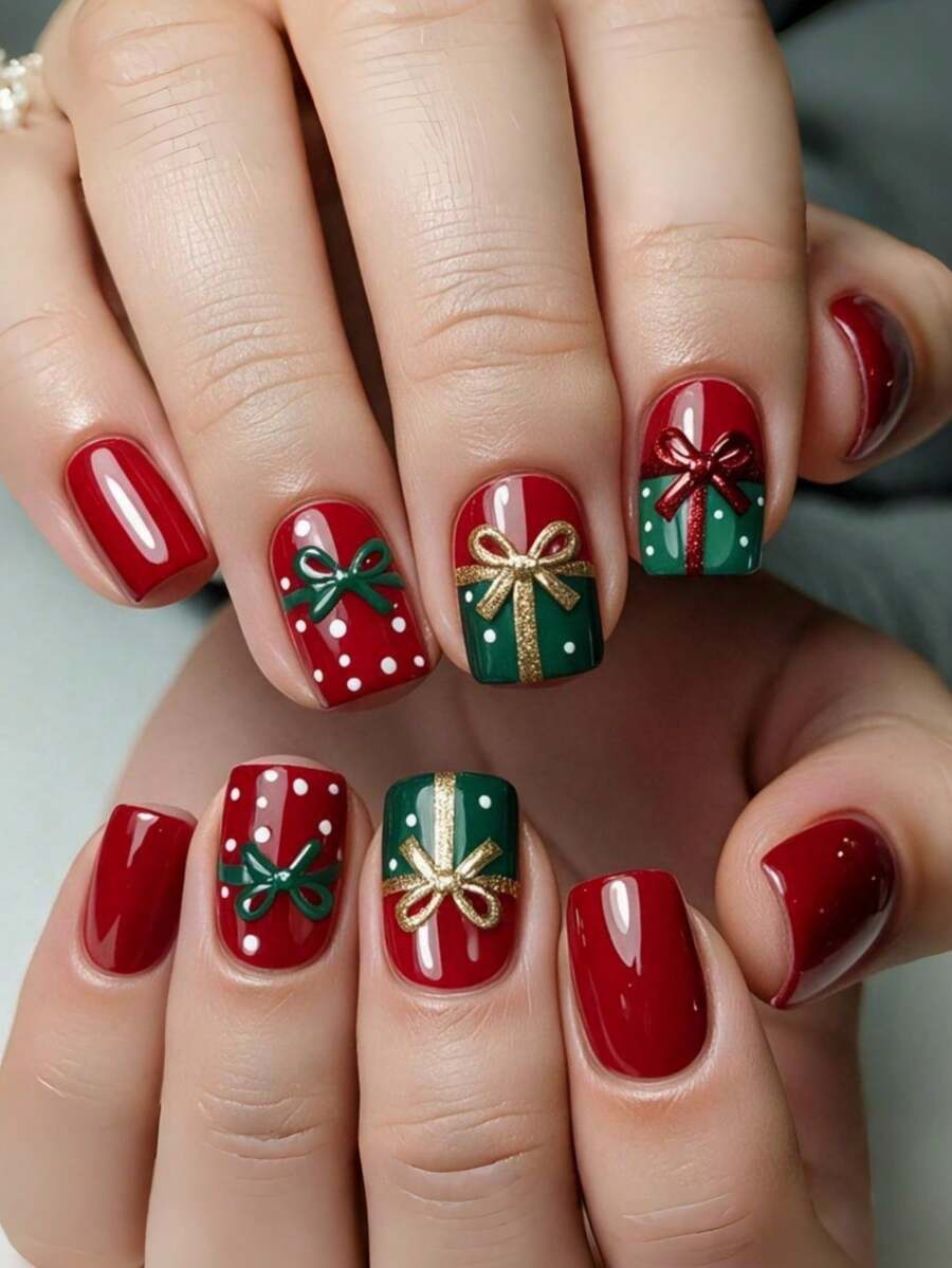 24 Pieces Red And Green Gift Box Bow-Patterned Polka Dot Christmas Holiday Nail Art - Long Style Oval-Shaped Wearable Nail Art - Red - View 1