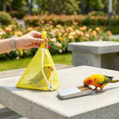 1set Bird Travel Carrier Set, See-Through Breathable Mesh Handheld Bird Bag With Portable Flip-Top Metal Feeding Box, Lightweight Secure Zipper Design, For Parrot Budgie Parakeet Cockatiel, Outdoor Bird Walking, Park Trip & Short Travel Use