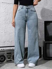 Teen Girl Pocket Button Fashion Casual Versatile Straight Leg Denim Jeans - Medium Wash - View 4