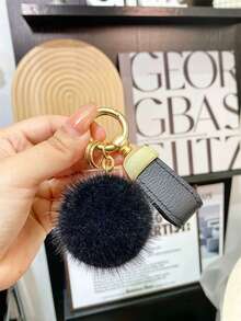 Light Luxury Pink Leather Lanyard Mink Fur Pom Pom Bag Charm, Minimalist High-End Plush Ball Keychain, Car Key Pendant, Small Holiday Gift For Women And Best Friends - Multicolor - View 12