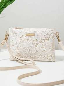 Women Floral Lace Crossbody Bag, Elegant Embroidered Small Shoulder Bag With Adjustable Strap, Summer Vacation Clutch Purse - White - View 13