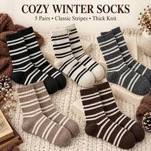1 Pair Striped Winter Mid-Calf Socks, Thick & Comfortable Knitted Socks With Ribbed Cuff, Neutral Color, Suitable For Daily Wear - Multicolor - View 13